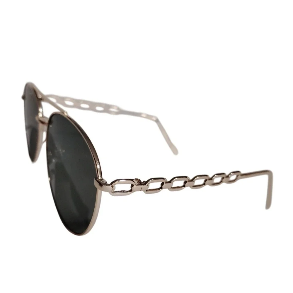 Gold Chain‎ Detail Oval Sunglasses Dark Lenses Aviator Style